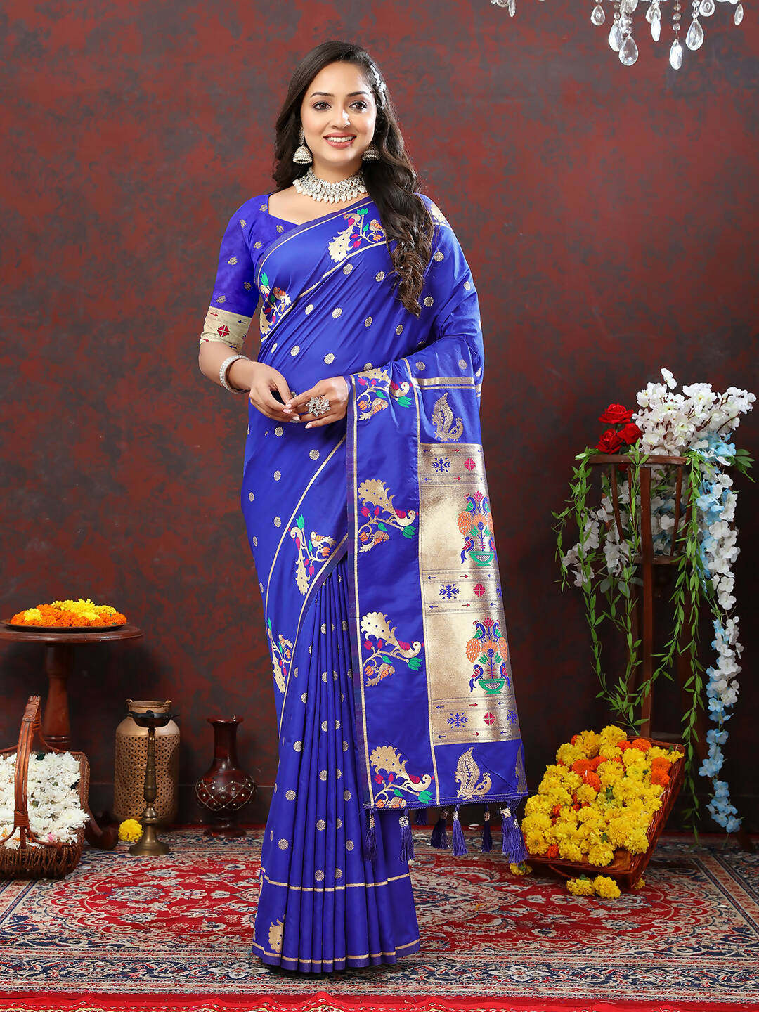 Lorenvalley Fashion Blue Soft Paithani Silk Woven Design Gold Zari Meenakari Weaving Saree