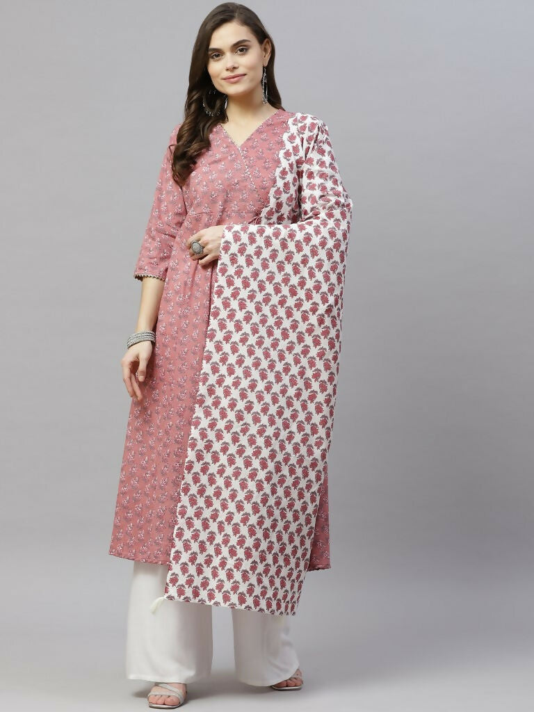 Miravan Women's Cotton Floral Print Anarkali Kurta With Dupatta