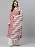 Miravan Women's Cotton Floral Print Anarkali Kurta With Dupatta