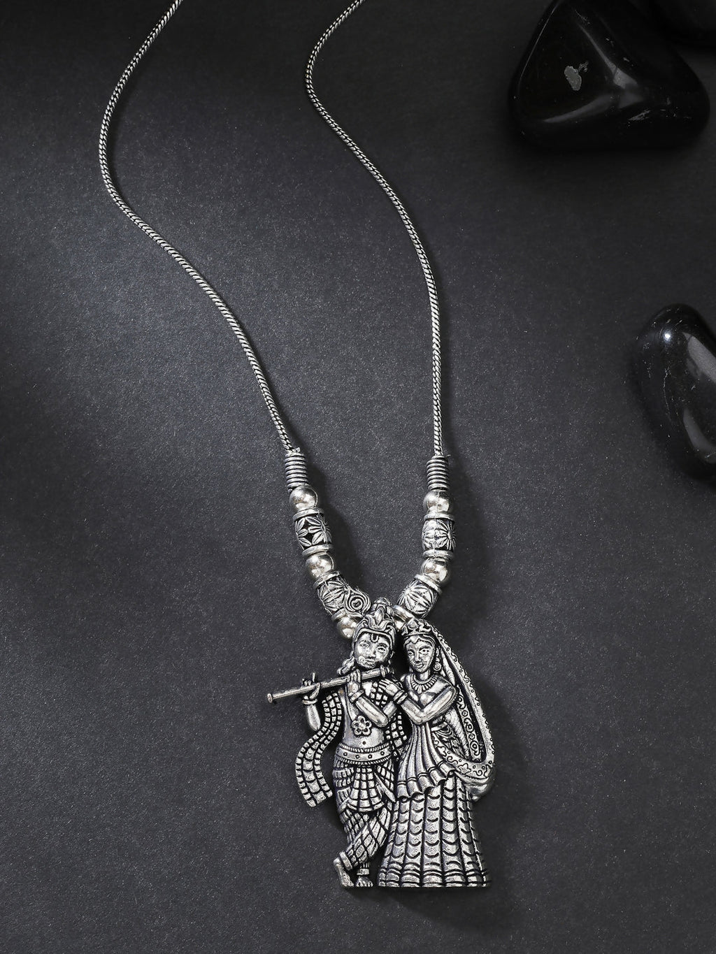 NVR Women's Silver-Toned Radha Krishna Pendant with Chain
