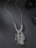 NVR Women's Silver-Toned Radha Krishna Pendant with Chain