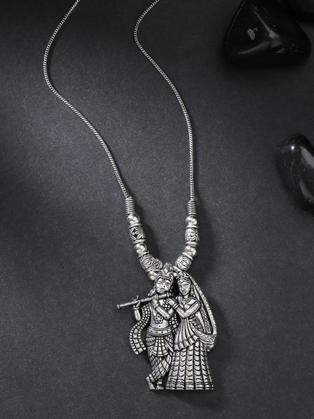 NVR Women's Silver-Toned Radha Krishna Pendant with Chain