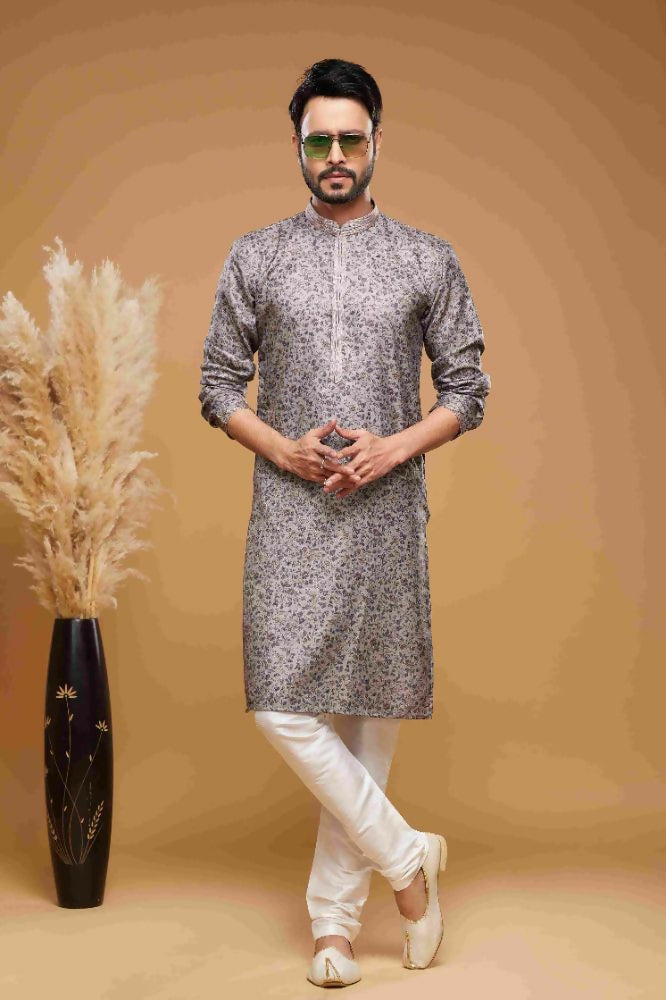 Raivat Ethnic Art Silk Digital Print Pintux Work Kurta Pajama In Grey Colour