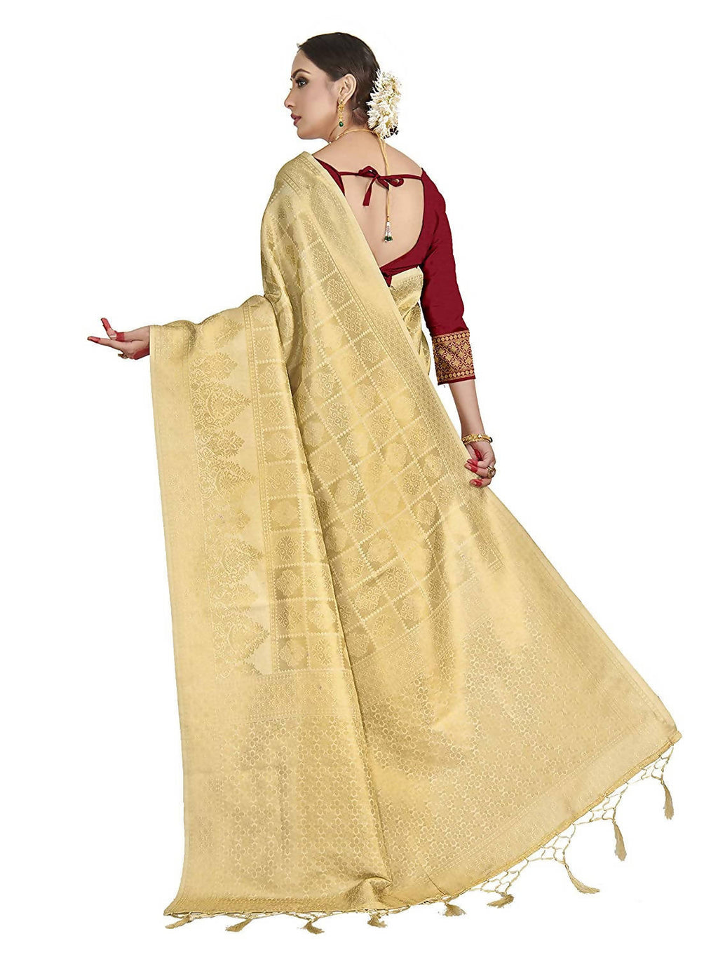 Vardha Women's Beige Kanchipuram Raw Silk Saree With Unstitched Blouse Piece