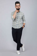 Miravan Men's White & Blue Floral Print Cotton Regular Fit Shirt