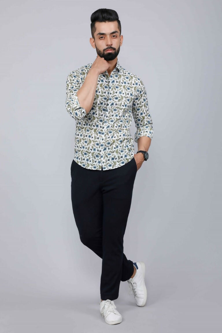 Miravan Men's White & Blue Floral Print Cotton Regular Fit Shirt