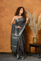 Very Much Indian Modal Silk Ajrakh Handblock Printed Natural Dyes With Designer Border Saree - Blue
