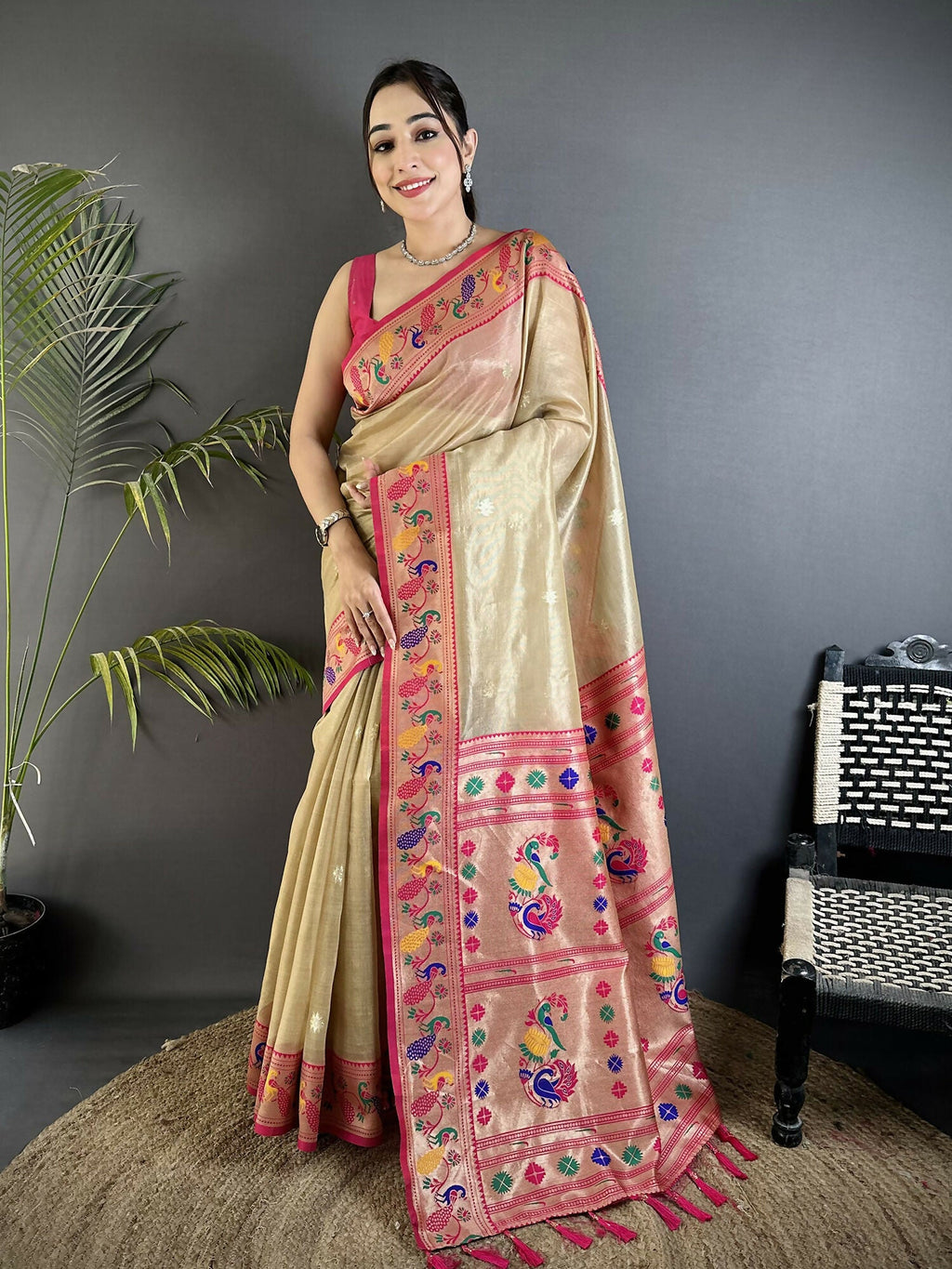 Joban Fashion Beige Zari Weaving Tissue Paithani Saree