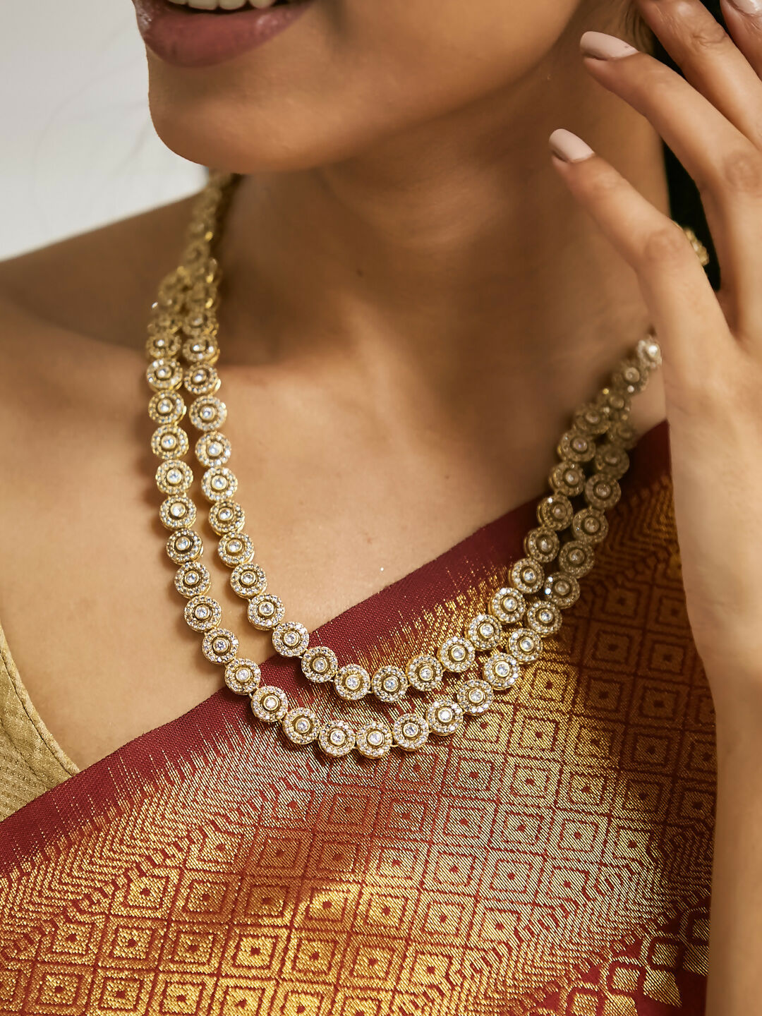 Nuyug 22K Gold-Plated Zircon Studded Enamel Embellished Dual Layered Necklace Set