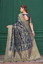 Blue Tussar Silk Jacquard Abstract Digital Print Saree with Unstitched Blouse - Mohira