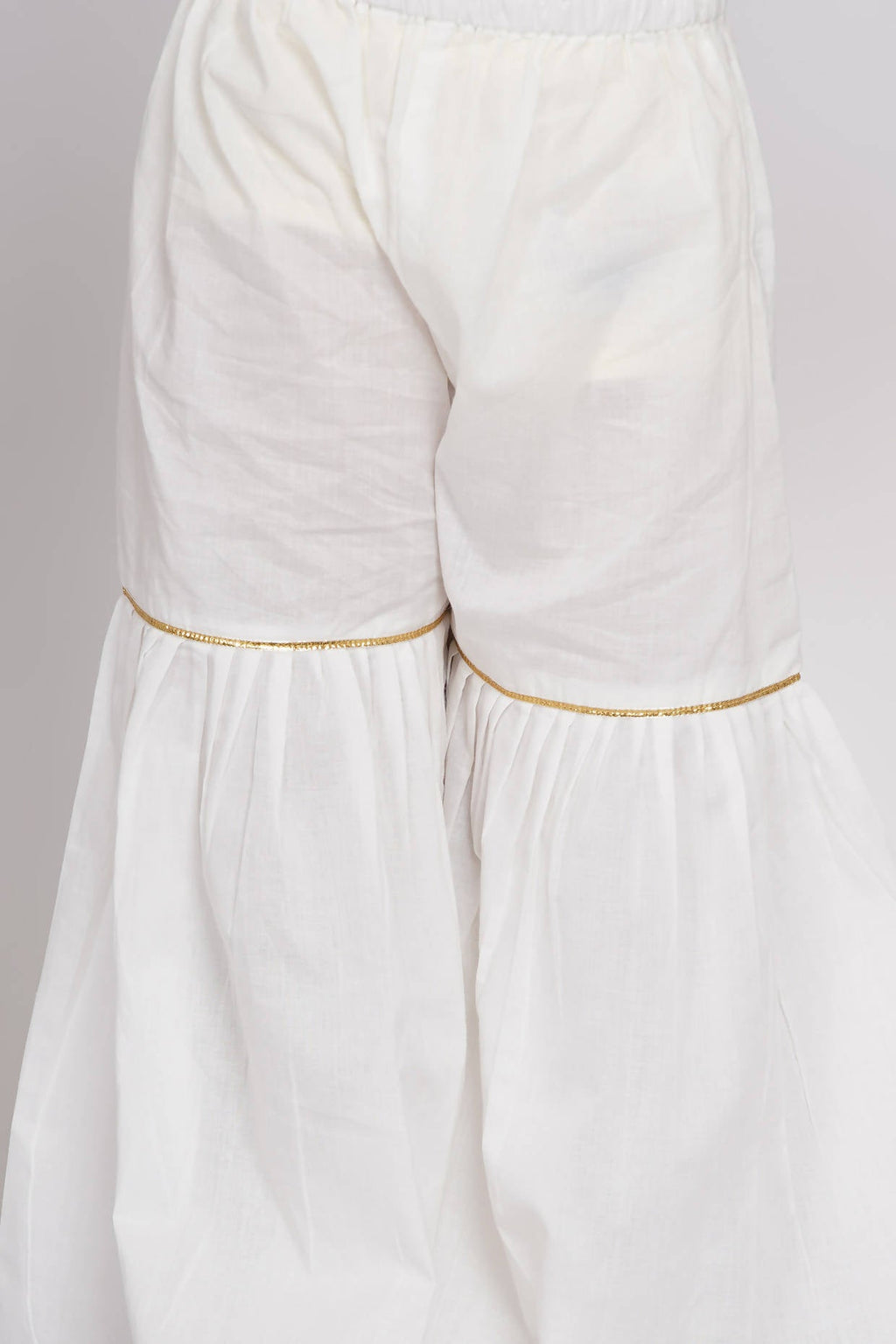 Little Bansi Girls Cotton Floral Embroidery Frock Kurta with Sharara & Dupatta - White