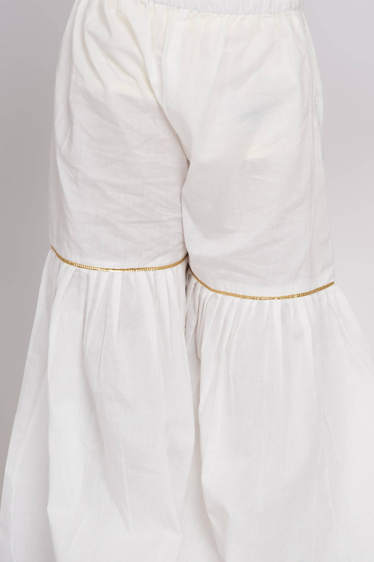 Little Bansi Girls Cotton Floral Embroidery Frock Kurta with Sharara & Dupatta - White
