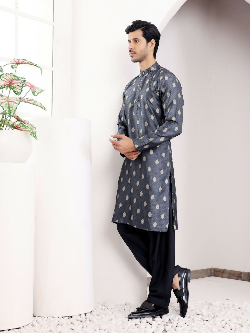 Navy Blue Viscose Woven Jacquard Work Men's Kurta - Mahotsav