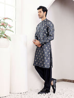 Navy Blue Viscose Woven Jacquard Work Men's Kurta - Mahotsav