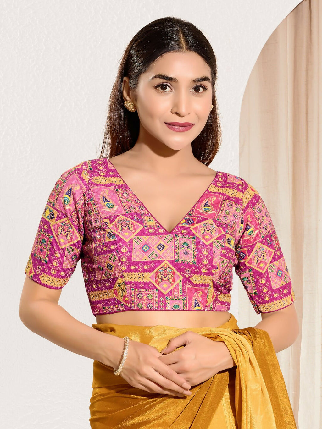 Joban Fashion Pink Viscose Rayon Padded Blouse With V Neck Elbow Sleeves - Distacart