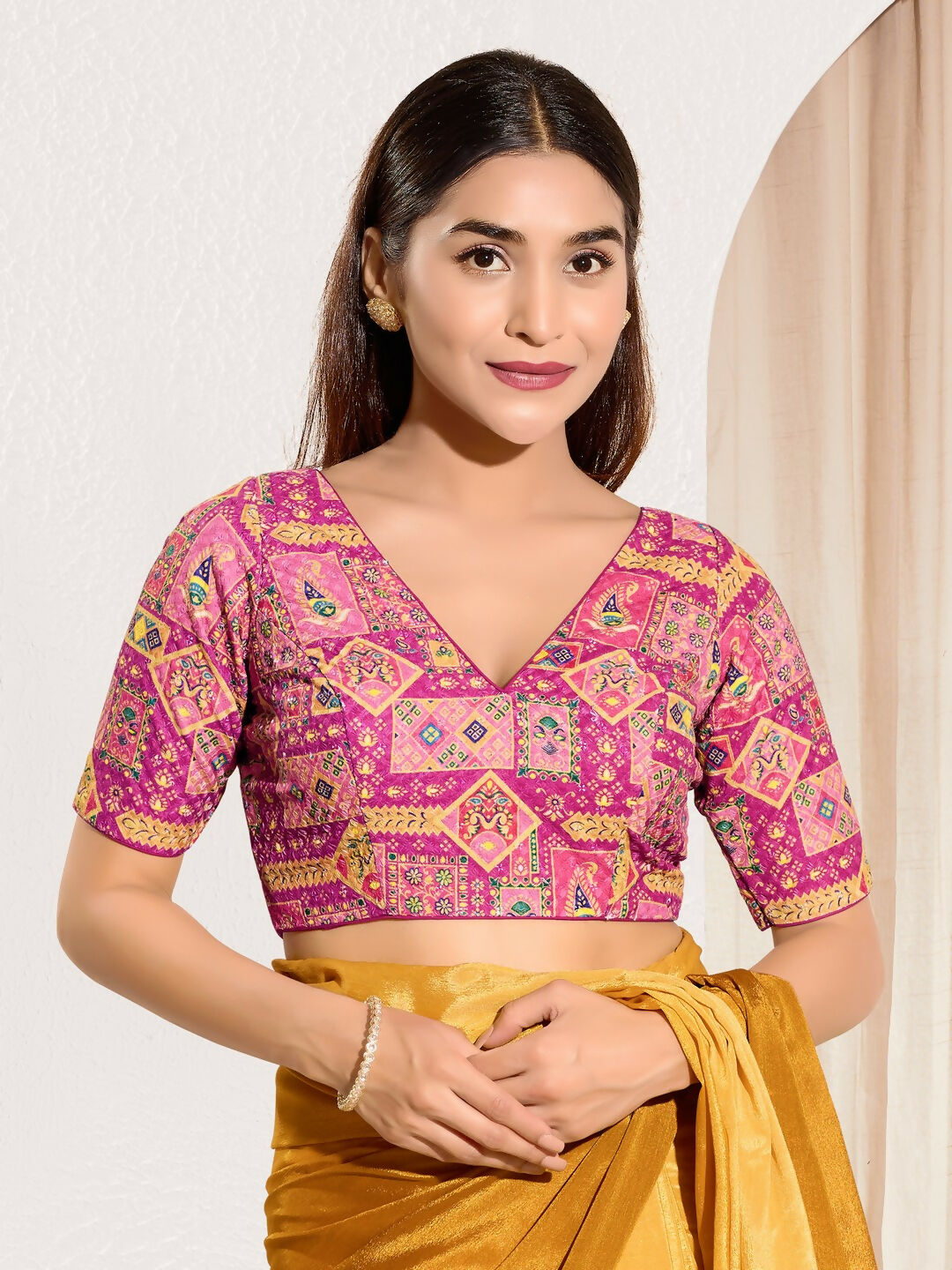 Joban Fashion Pink Viscose Rayon Padded Blouse With V Neck Elbow Sleeves - Distacart