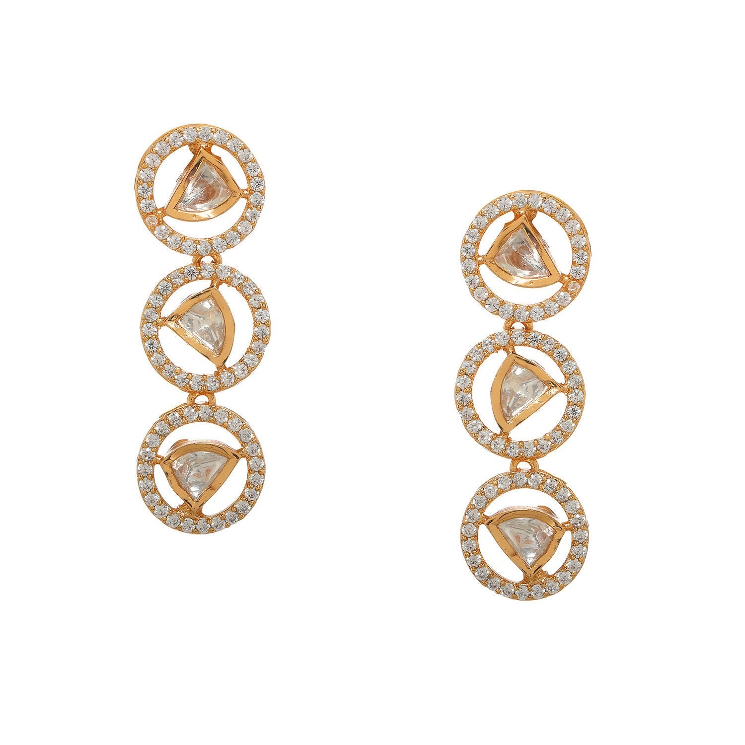 3 Tier Round Diamond and Kundan Earrings (Gold) - Ruby Raang - Distacart