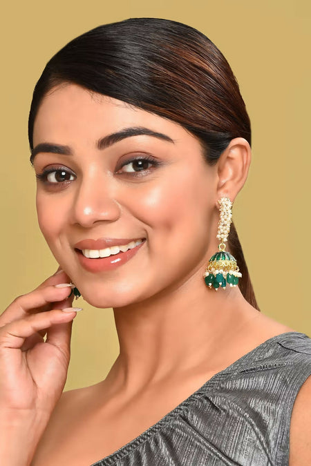 Joban Fashion Women Kundan Pearl Golden White Green Earrings