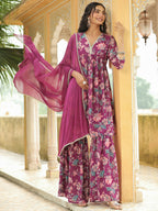 Janasya Purple Georgette Floral Kurta,Bottom & Dupatta