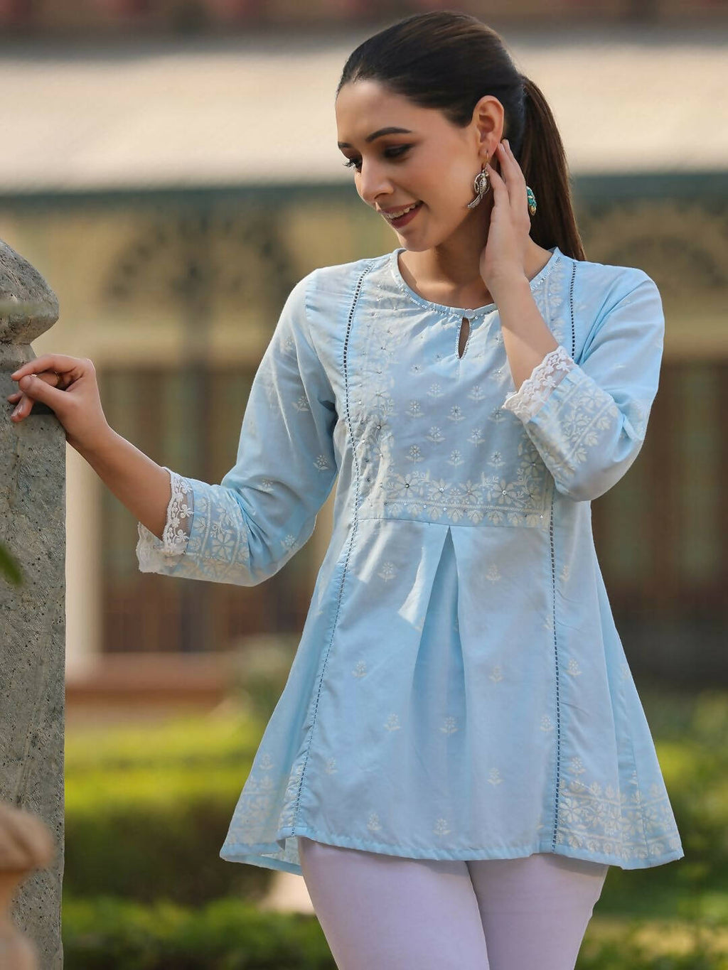 Juniper Women's Powderblue Cambric Floral Printed Tunic - Distacart