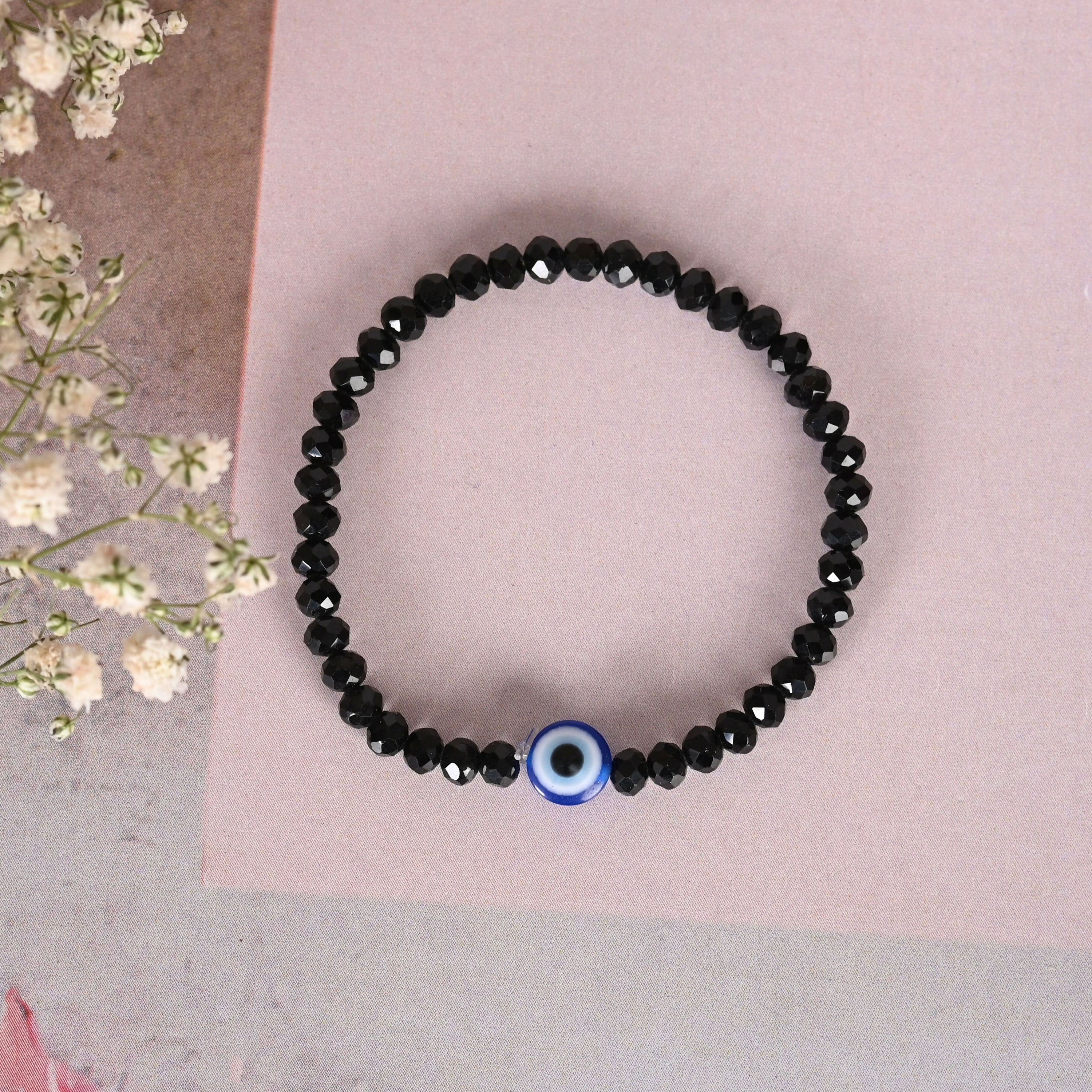 NVR Men & Women Black Evil Eye Crystal Elasticated Bracelet - Distacart