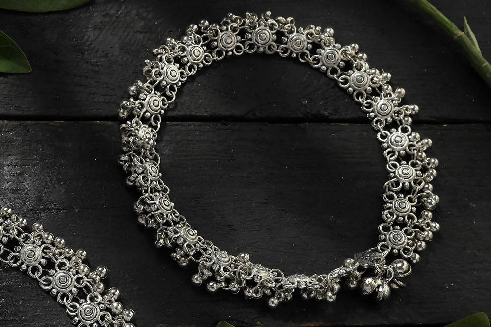Mominos Fashion Kamal Johar Oxidised Silver Anklets For Bridal Wear
