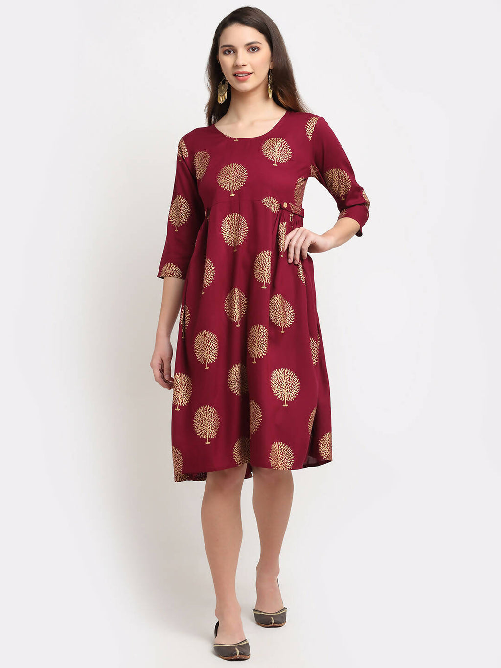 Rudra Bazaar Gold Boota Printed Wine Kurti - Distacart