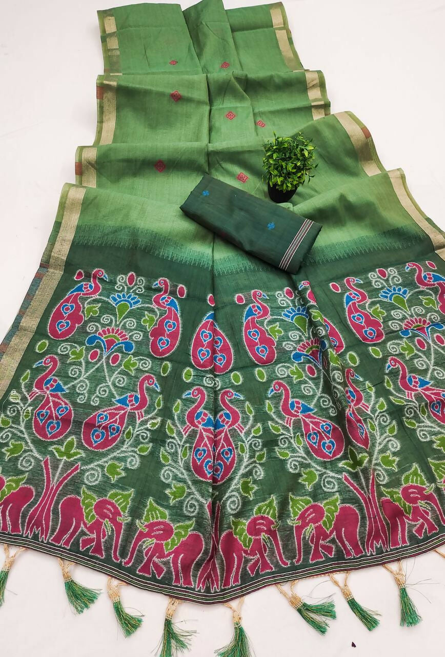 Vastranavya Pista Muga Cotton Meenakari & Azarakh Pallu Saree with Contrast Blouse - Distacart