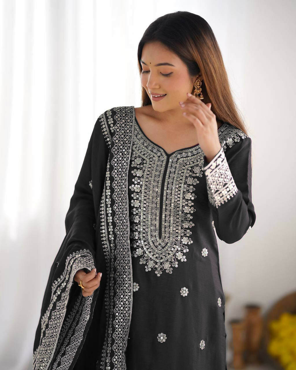 Joban Fashion Black Kurta Set Silk Sequins , Zari, Coding & Thread Embroidered work - Distacart