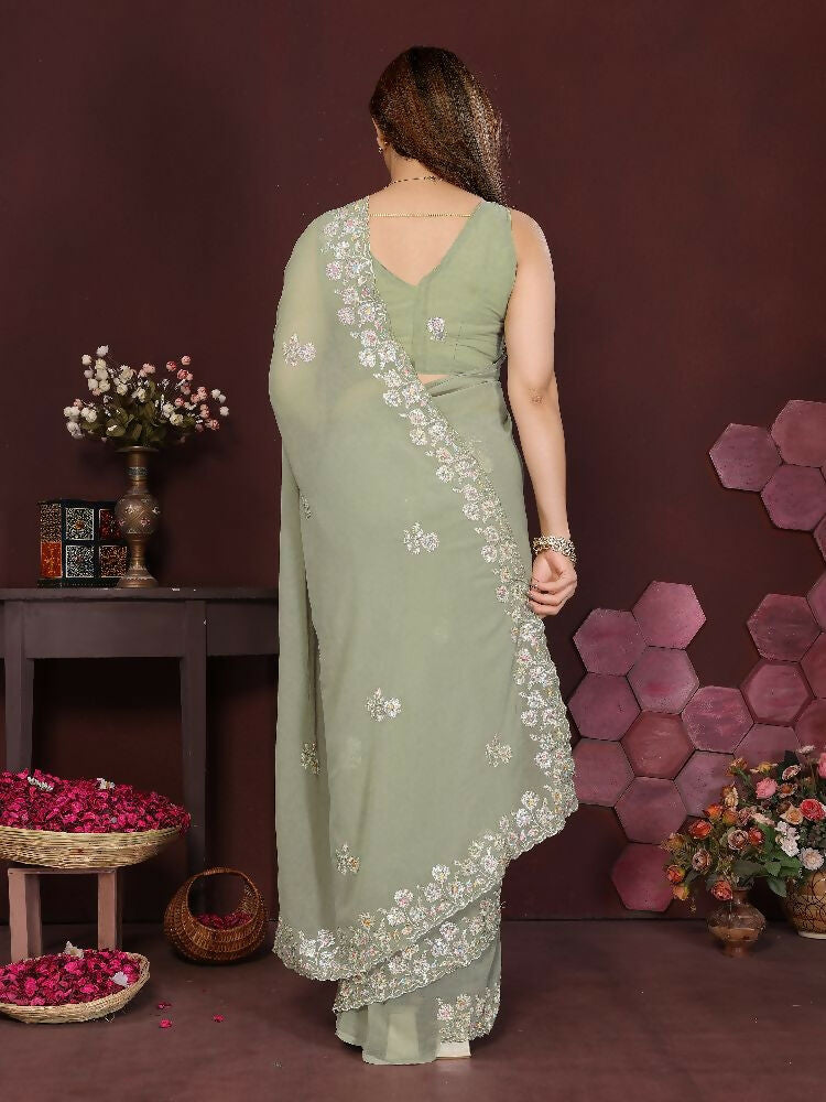 PR Fashion Pista Georgette Embroidery Work With Embroidery Work Blouse Saree