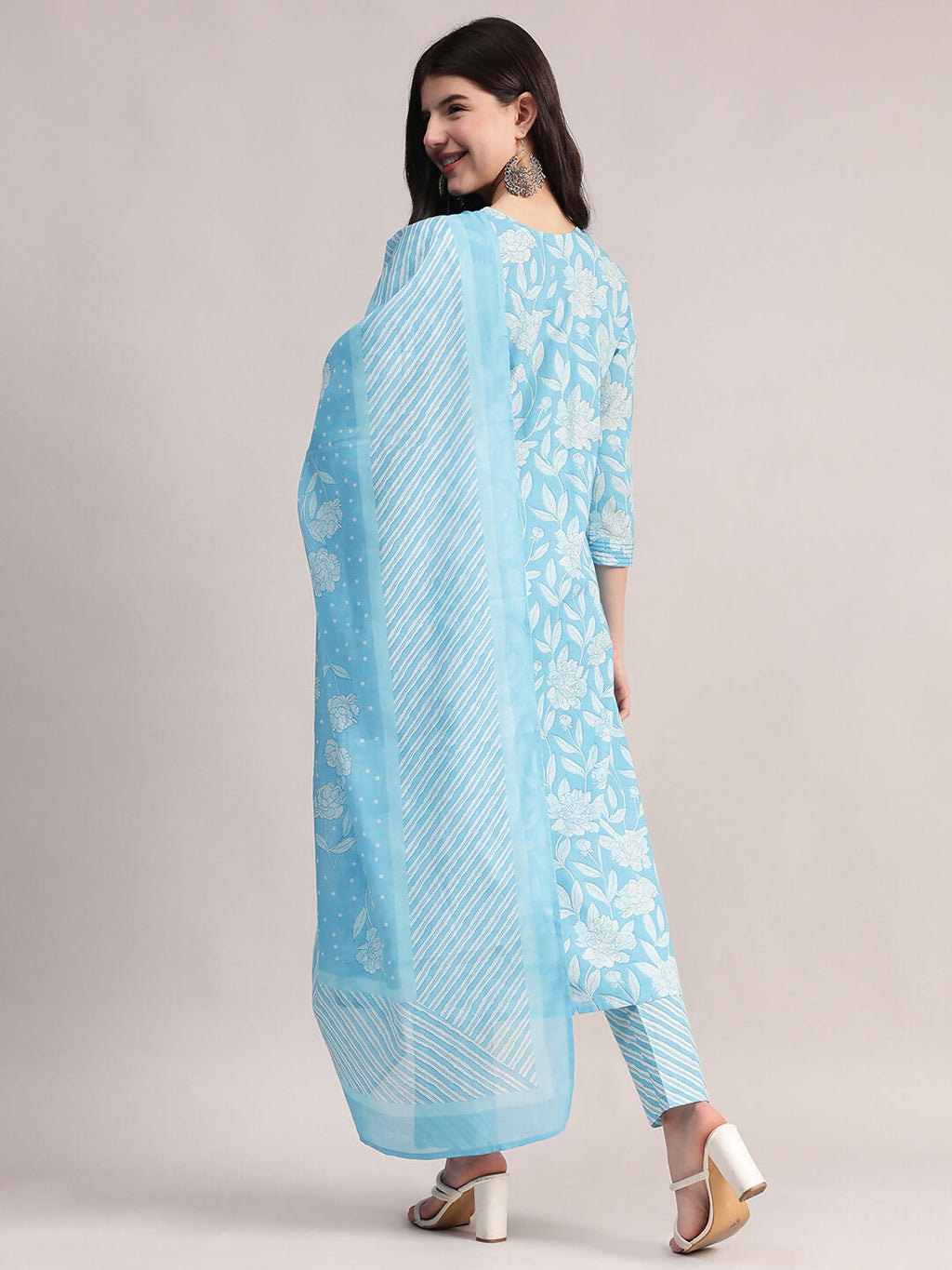 Aavyora Women's Sky Blue Floral Printed A-Line Kurta with Pintucks, Striped Pants & Dupatta Set