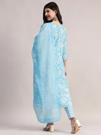 Aavyora Women's Sky Blue Floral Printed A-Line Kurta with Pintucks, Striped Pants & Dupatta Set