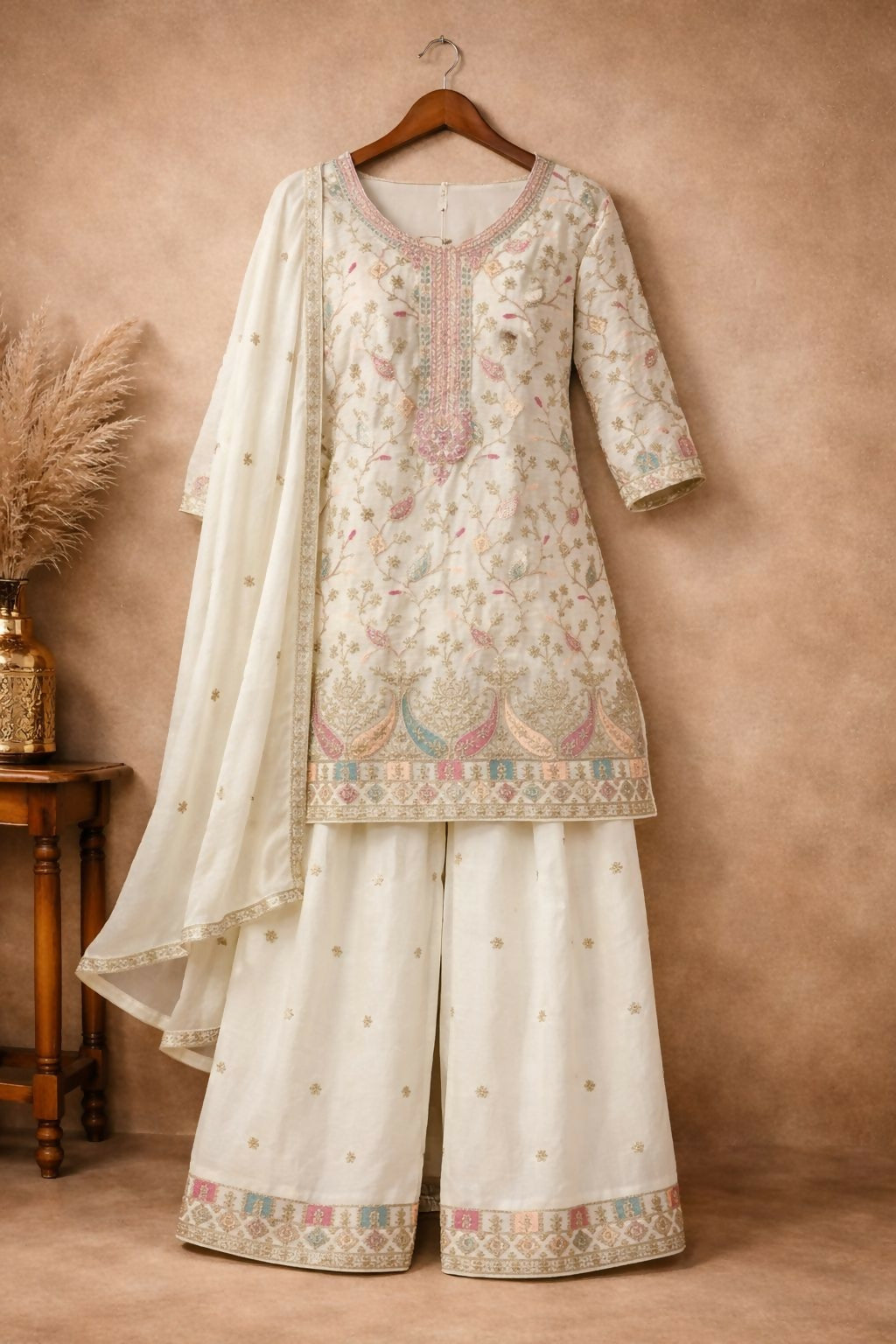 Anaita White Chinon Stitched Plazzo Suit With Embroidery Work - Distacart