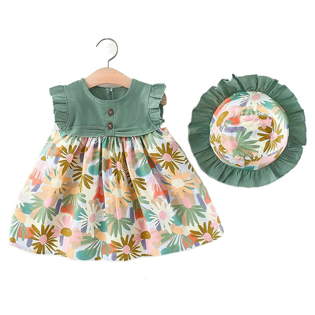 Bold N Elegant Cotton Floral Printed Ruffle Sleeve Princess Dress Frock With Fabric Hat Cap - Green