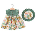 Bold N Elegant Cotton Floral Printed Ruffle Sleeve Princess Dress Frock With Fabric Hat Cap - Green