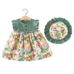 Bold N Elegant Cotton Floral Printed Ruffle Sleeve Princess Dress Frock With Fabric Hat Cap - Green