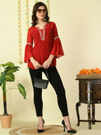 Myshka Women's Red Embroidered Party Fusion Top