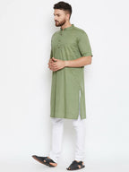 Even Apparels Green Color Pure Cotton Men's Kurta With Band Collar - Distacart