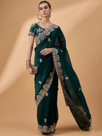 Teal Silk Embroidered Saree with Unstitched Blouse Piece - Satya