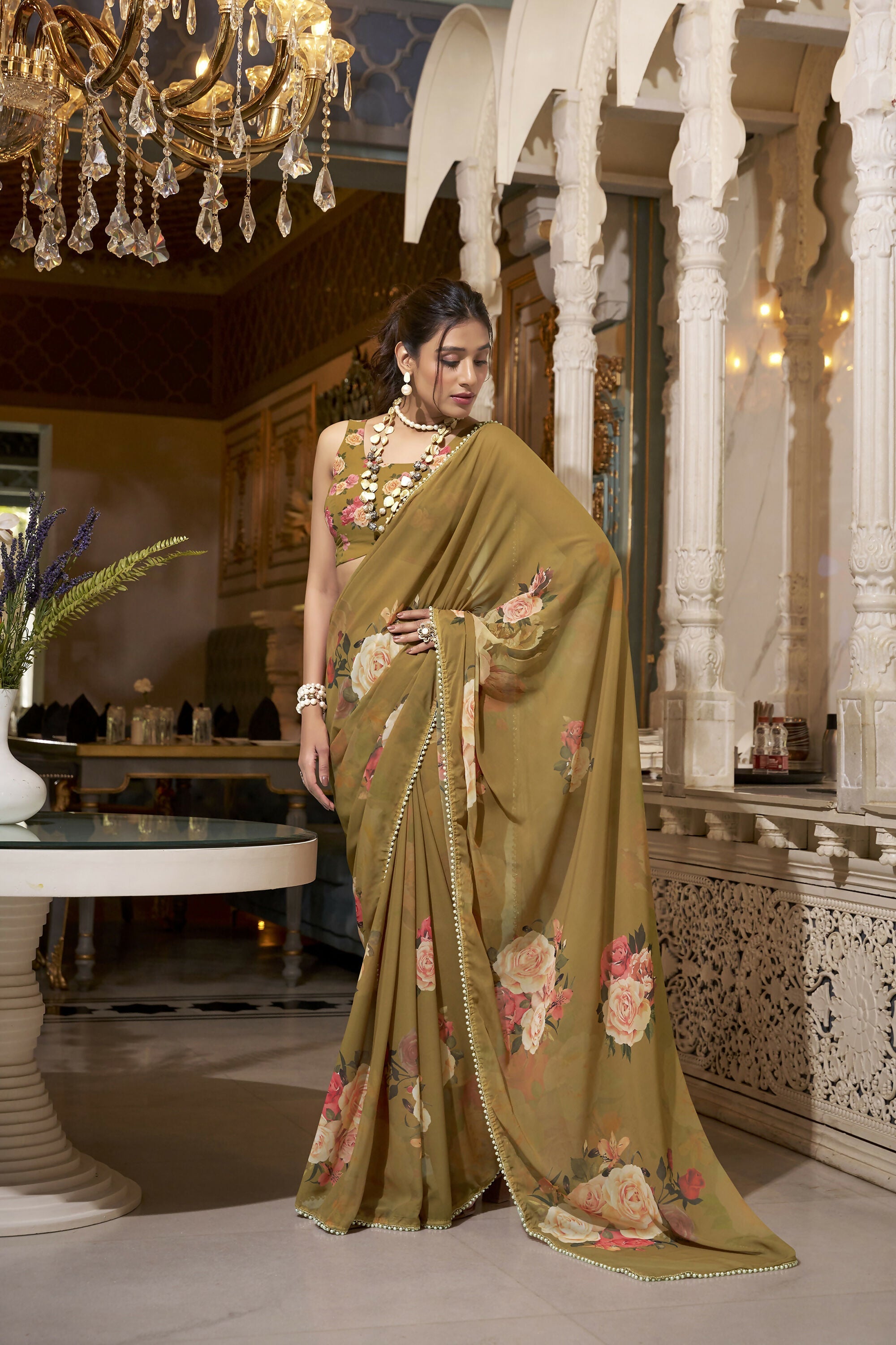 Vastranavya Brown Spectacular Georgette Printed with Pearl Lace Saree with Unstitched Blouse - Distacart