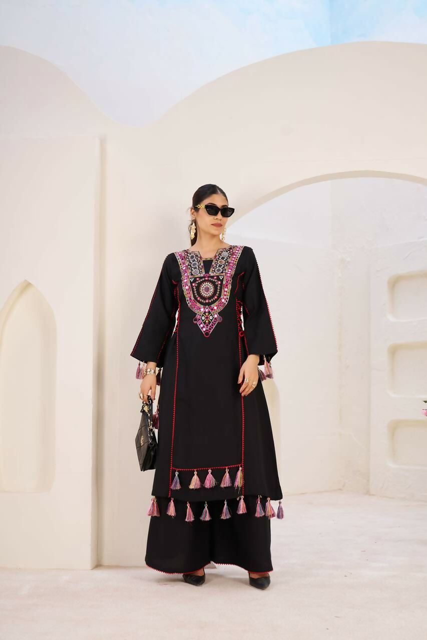 The52 Women's Gorgeous Rayon Fabric Thread Work Straight Kurta Palazzo Set - Distacart