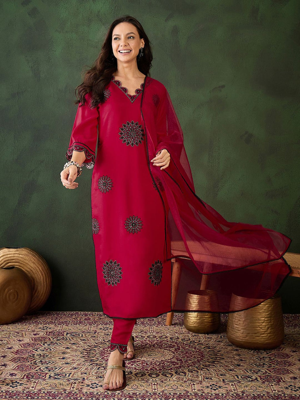 Sangria Zari Sequence Embroidered Kurta & Trouser With Dupatta