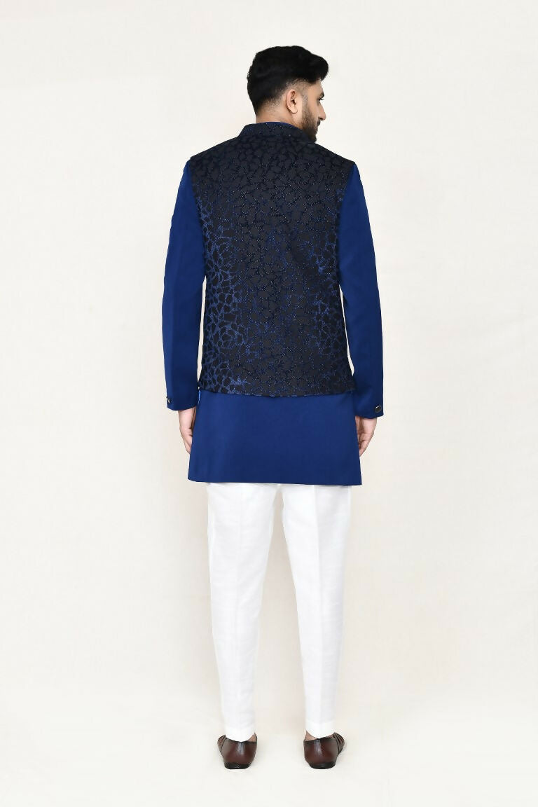 Joban Fashion Blue Colored Imported Jacquard Fabric Open Jacket, Indo Western With Straight Fit Pant