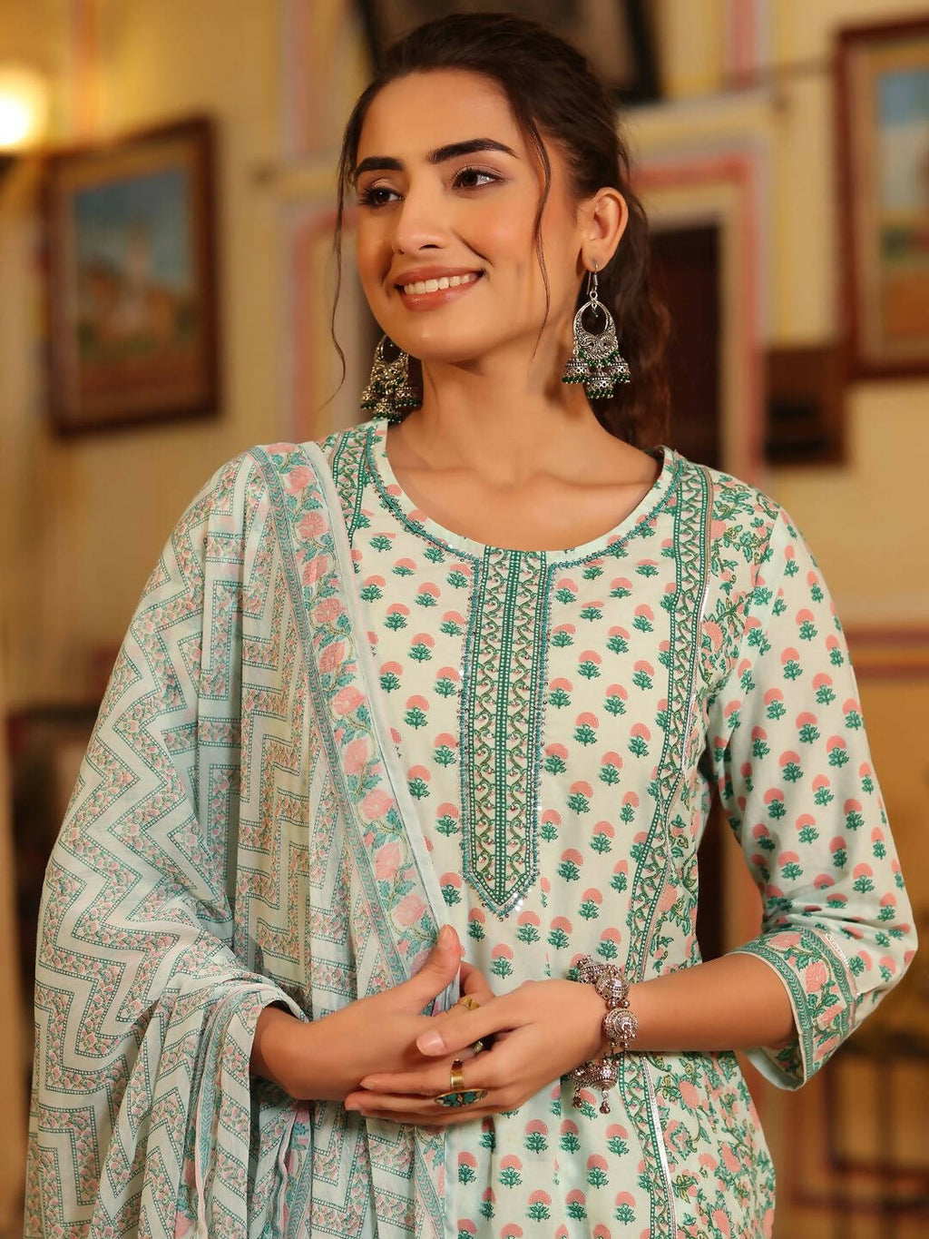 Juniper Women's Seagreen Cambric Floral Printed Kurta Palazzo Set - Distacart