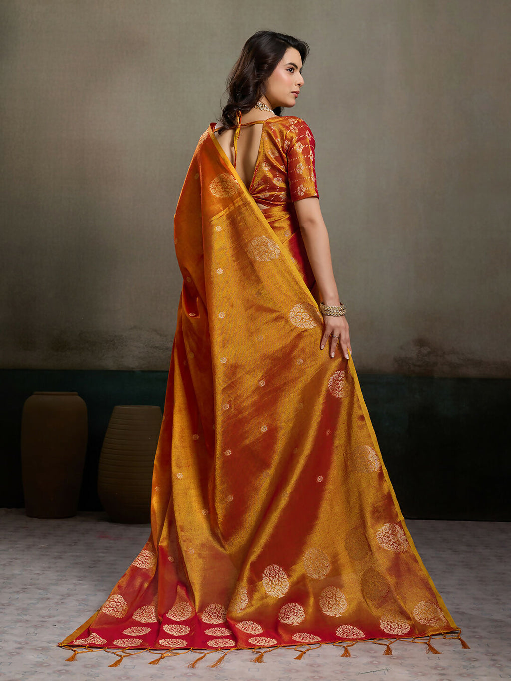 Shree Shyam Fashion Orange Tissue Silk Saree - Distacart