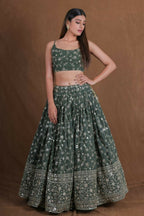 Green Georgette Zari,Sequence Embroidery Work Lehenga Choli - Jihu Culture