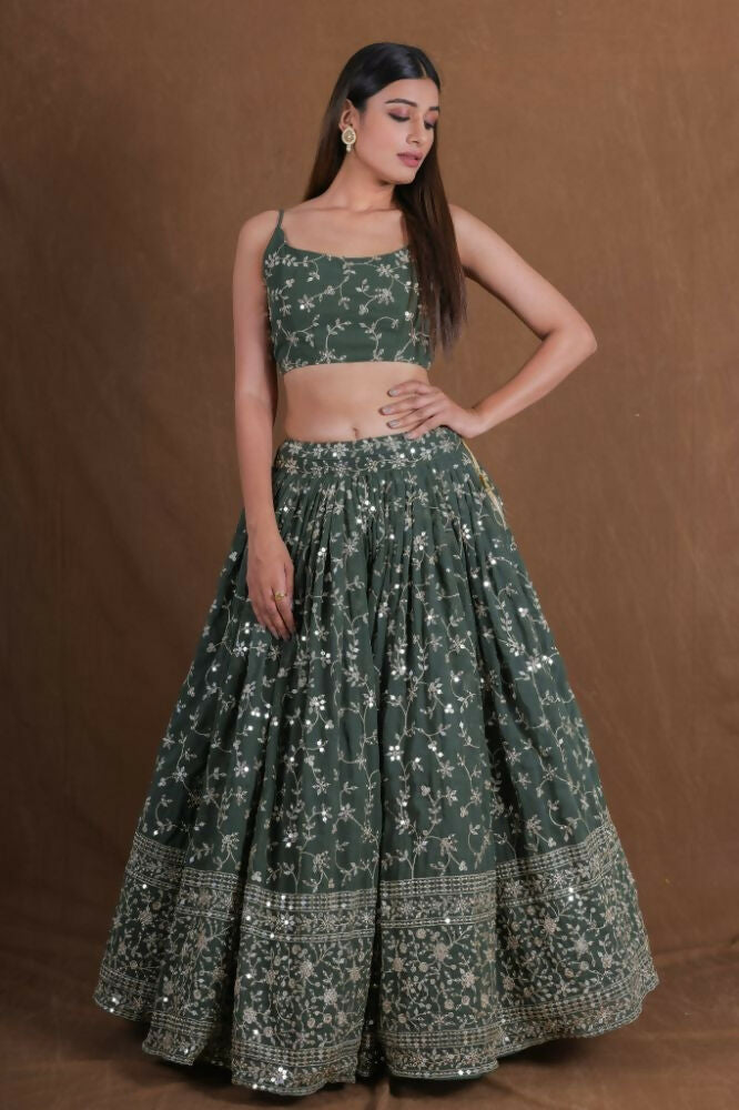 Green Georgette Zari,Sequence Embroidery Work Lehenga Choli - Jihu Culture