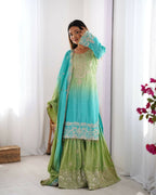 The52 Women's Beautiful Chinon silk Fabric Embroidery Work Straight Kurta Palazzo and Dupatta Set - Distacart