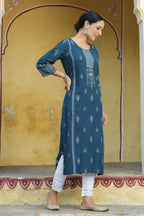 Juniper Women's Blue Rayon Staple Printed Straight Kurta - Distacart