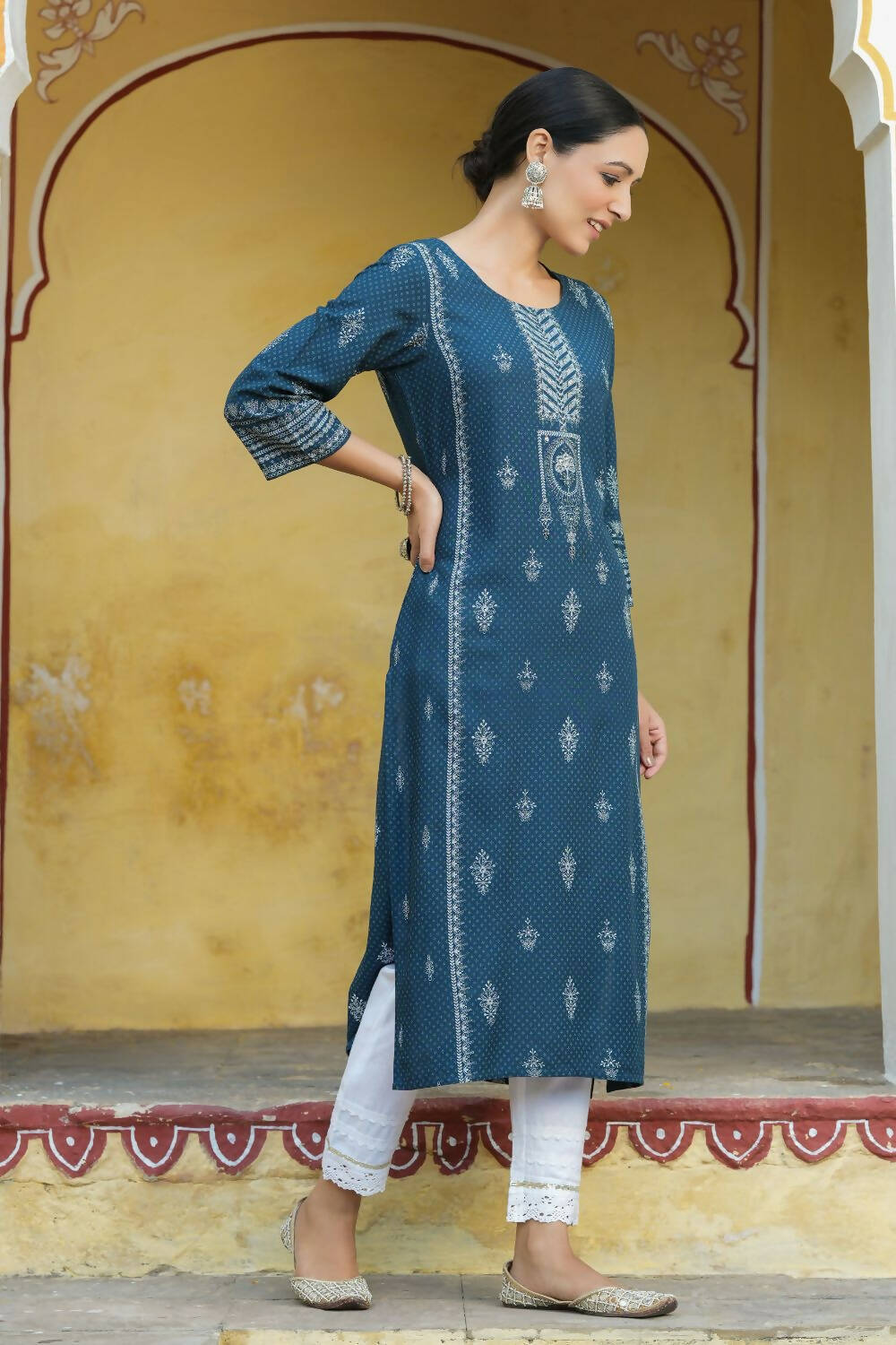 Juniper Women's Blue Rayon Staple Printed Straight Kurta - Distacart